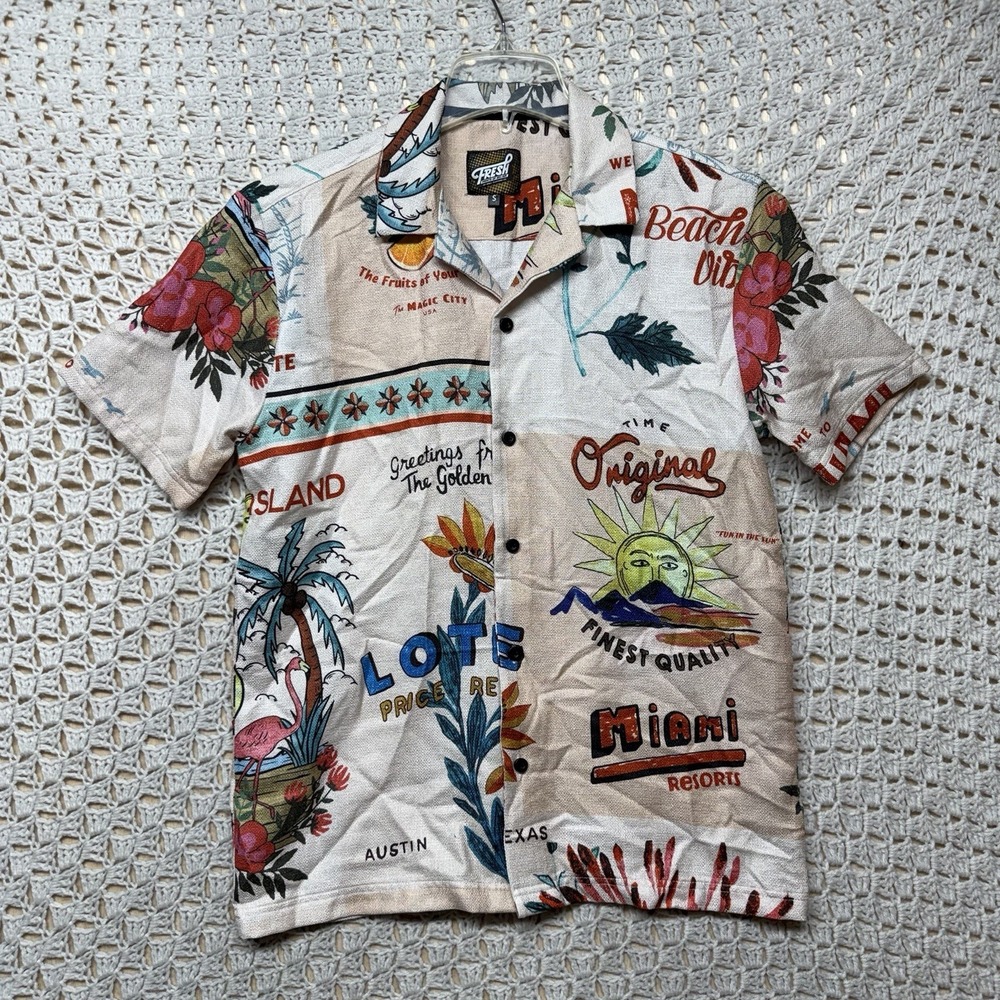 Fresh Prints of Bel Air Camo Shirt S Beige Knit Miami Beach Resort Print Button